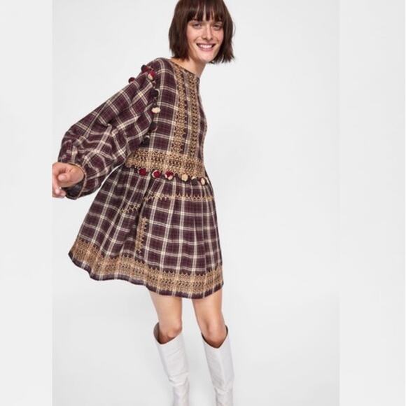 Zara Burgundy Plaid Embroidered Pom Pom Dress Size Small - Picture 1 of 14